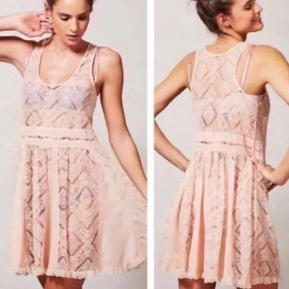 E BY ELOISE Anthropologie St. Regis Slip Dress XS Pink Lace Mini EUC B49 - Picture 1 of 6